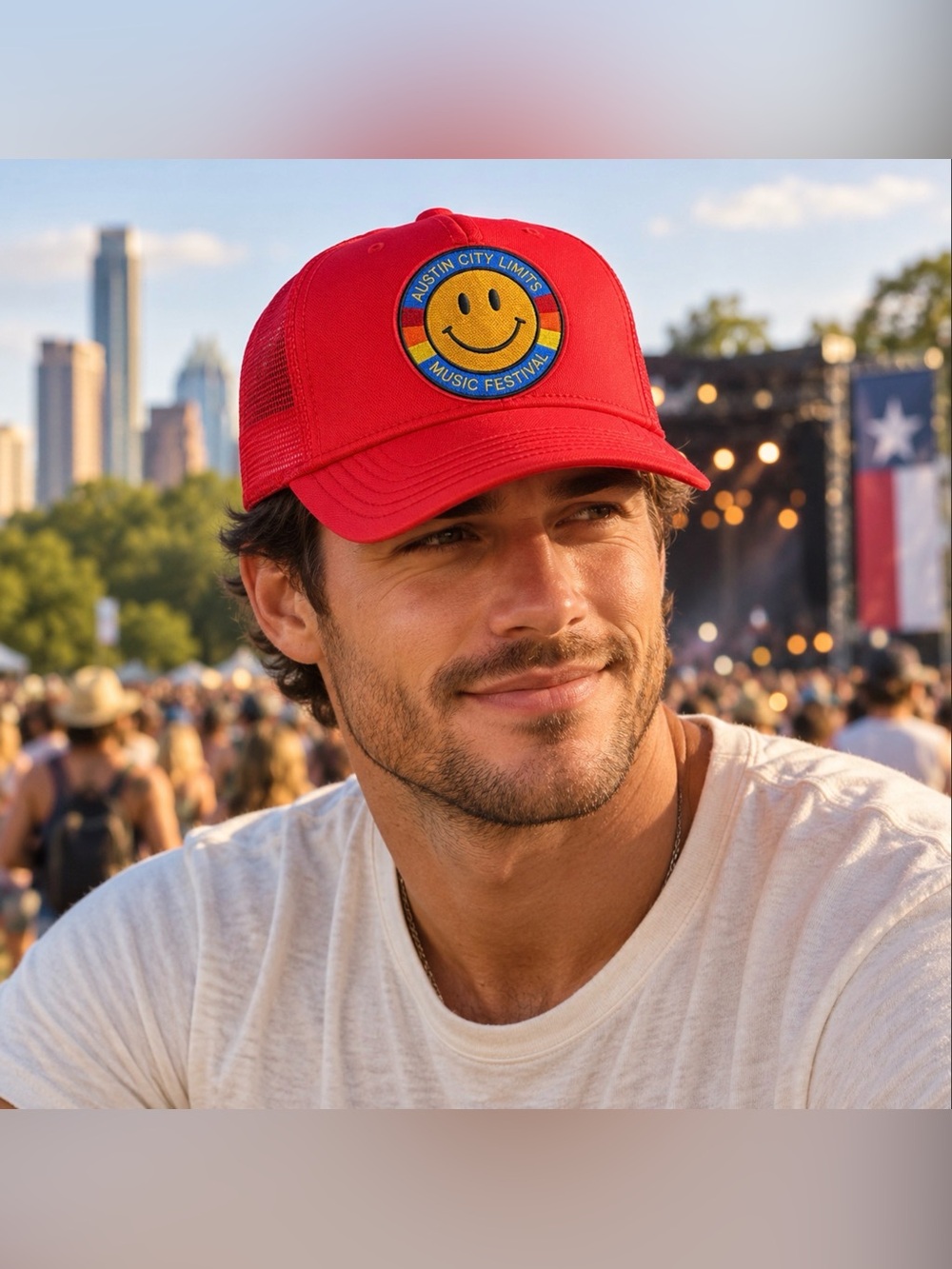 Aviator Nation x ACL Austin City Limits Smiley Trucker Hat Red Snapback Festival